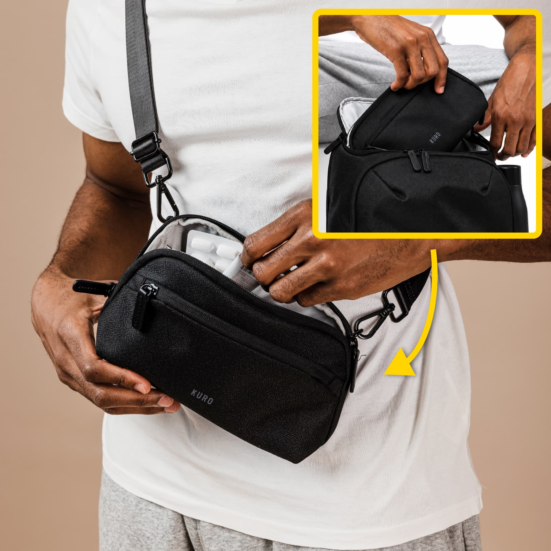 Man wearing the Kuro sling bag crossbody and opening it for essentials, with an inset of it detaching from the main pack