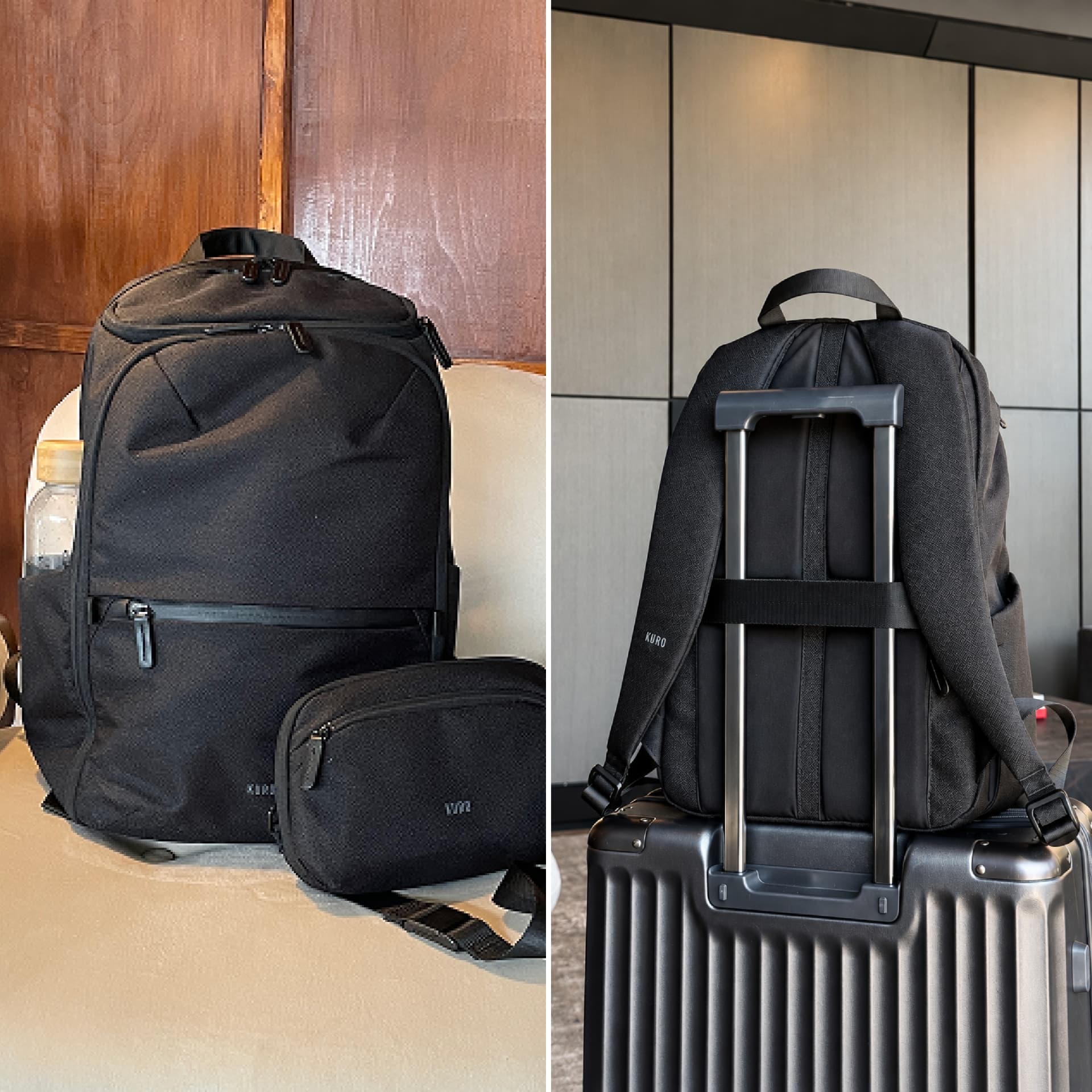 Side by side: the Kuro Switchpack with its essentials bag, and the pack seated on a suitcase handle at the airport