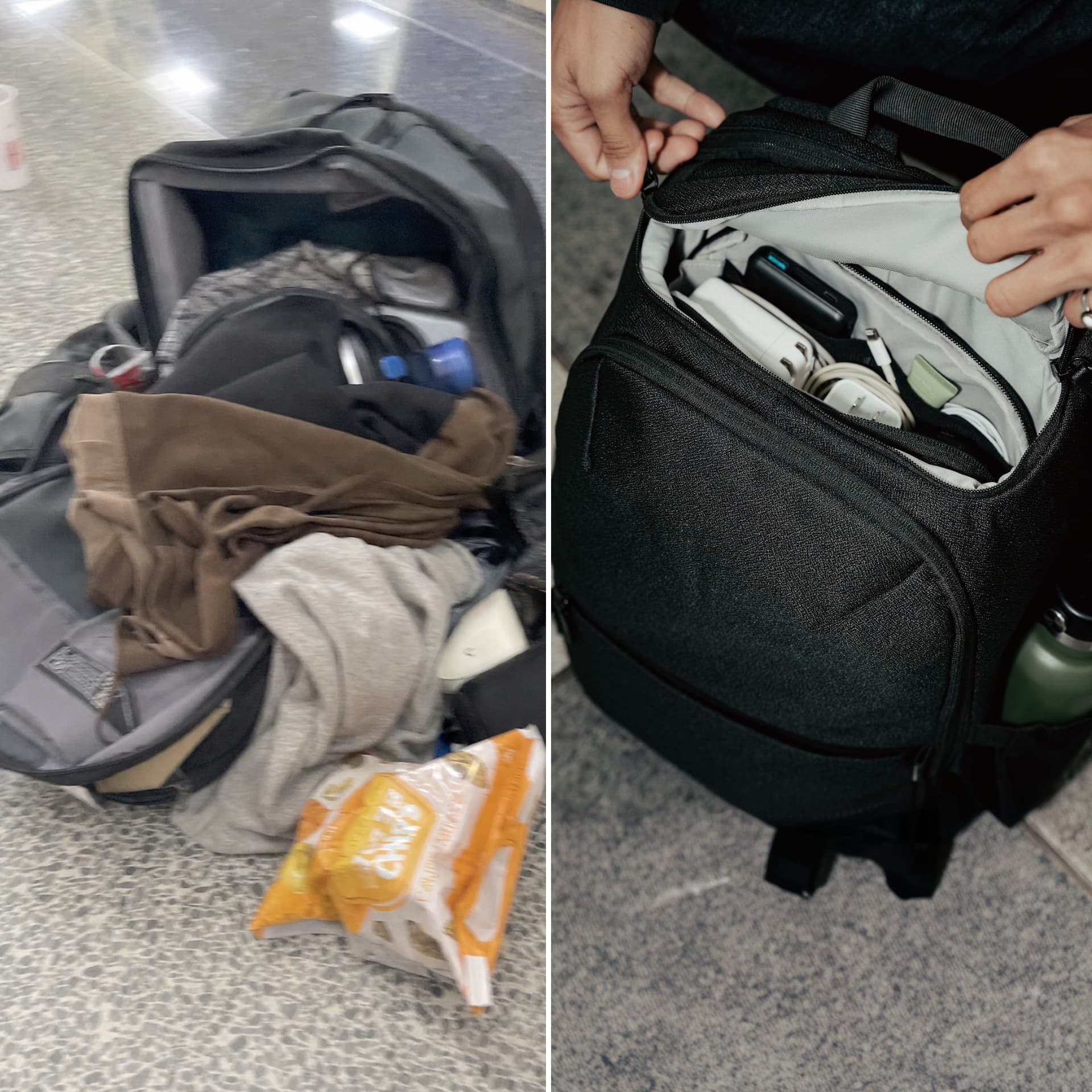 Side by side: an overstuffed travel backpack with clothes spilled on an airport floor, and the organized Kuro Switchpack with essentials neatly stored