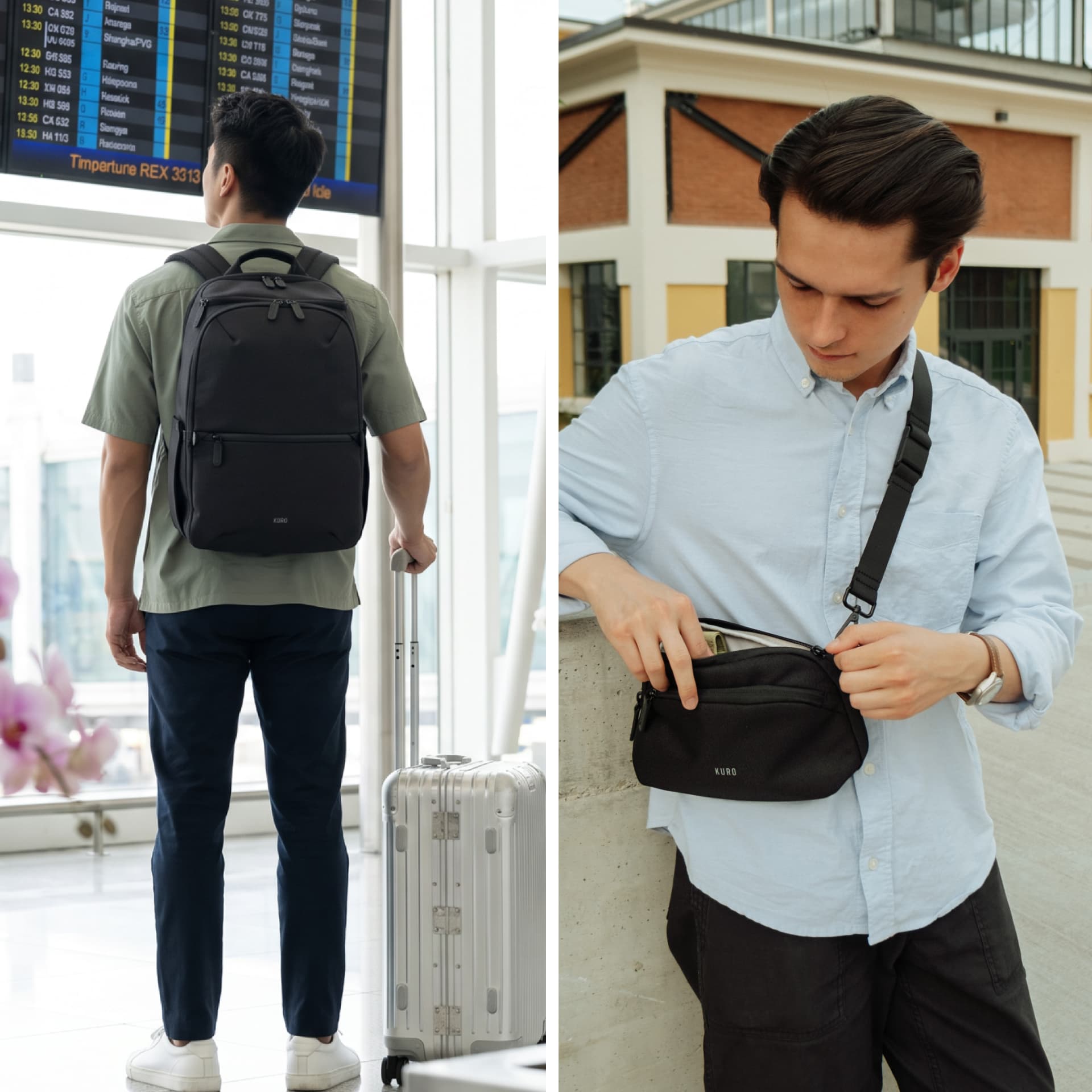 Side by side: traveller wearing the full Kuro Switchpack at the airport, and the same traveller using the detachable essentials bag as a sling